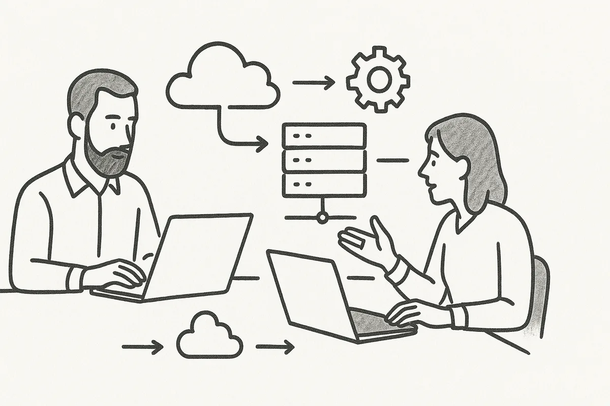 Two IT professionals collaborating in a modern office.